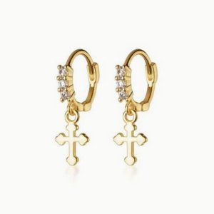 925 Silver Dainty Cross Huggie Earrings